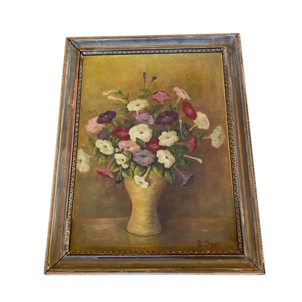 Early 20th Century “Petunias Floral Still Life” Oil Painting on Board Signed - Picture 12 of 13